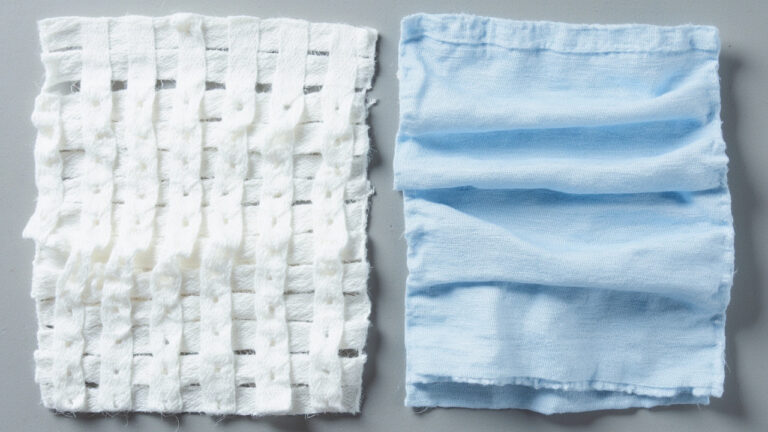 Warp knit fabric on left showing vertical loop structure compared to weft knit jersey on right showing horizontal loop direction