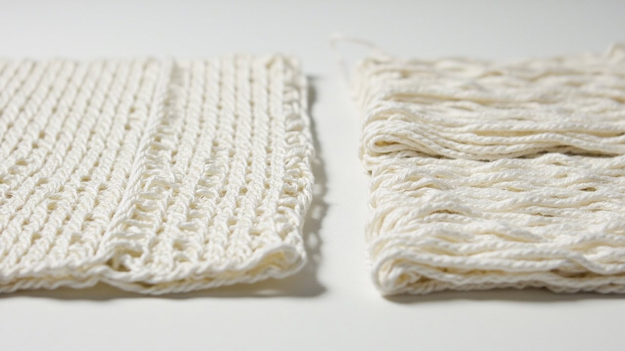 Diagram comparing warp knit loop structure showing vertical yarn direction with diagonal under-lap on the left to weft knit loop structure showing horizontal course-by-course construction on the right