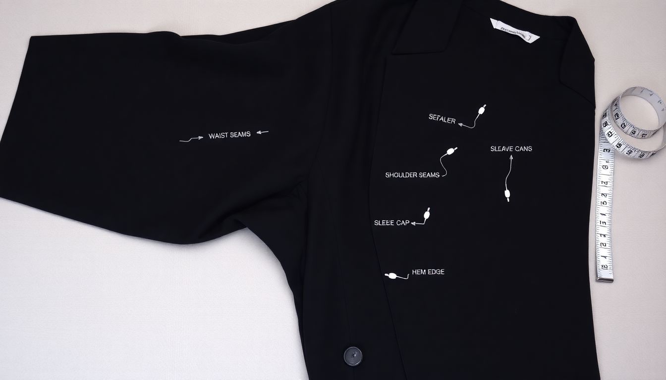 Diagram of a garment showing common alteration zones labeled with tailor services