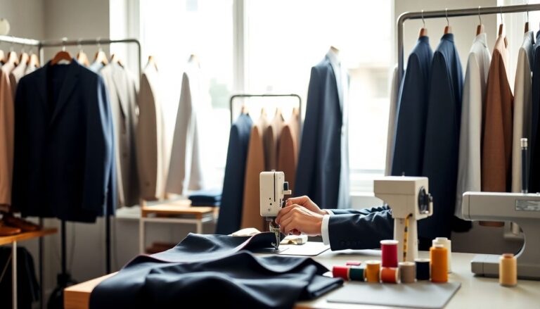 Professional tailor at sewing station measuring and altering a dark wool blazer in bright natural lighting