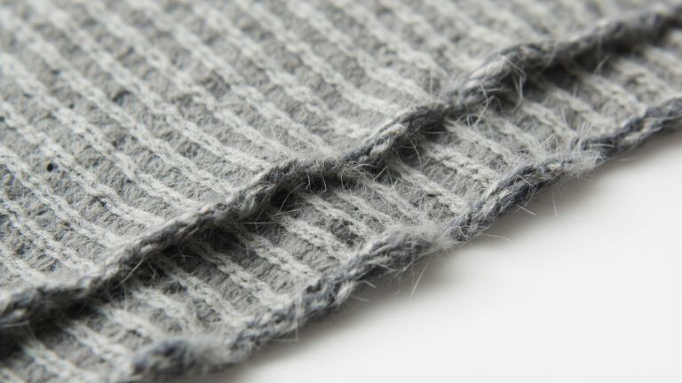 Macro close-up of acrylic knit fabric showing uniform synthetic fiber structure and wool-like texture