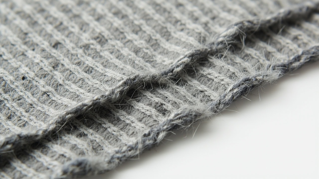 Macro close-up of acrylic knit fabric showing uniform synthetic fiber structure and wool-like texture