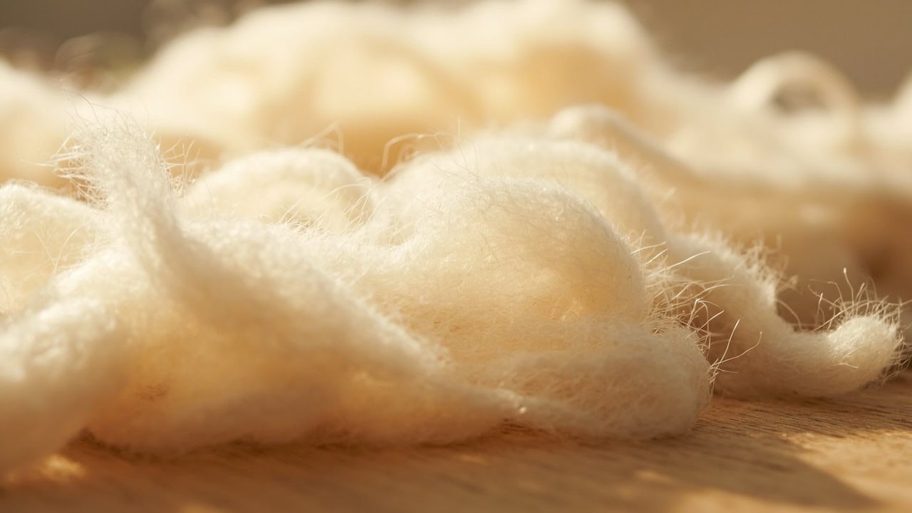Raw cream-colored cashmere fiber bundles showcasing the soft fluffy texture of Grade A luxury fiber