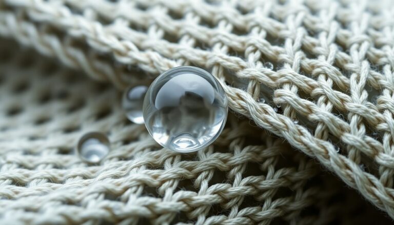 Magnified cross-section of fabric fibers showing DWR hydrophobic coating with water droplets beading and rolling off the surface