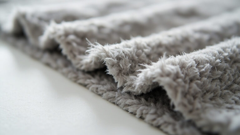 Macro close-up of grey fleece fabric showing the characteristic fuzzy nap texture and dual-sided surface structure