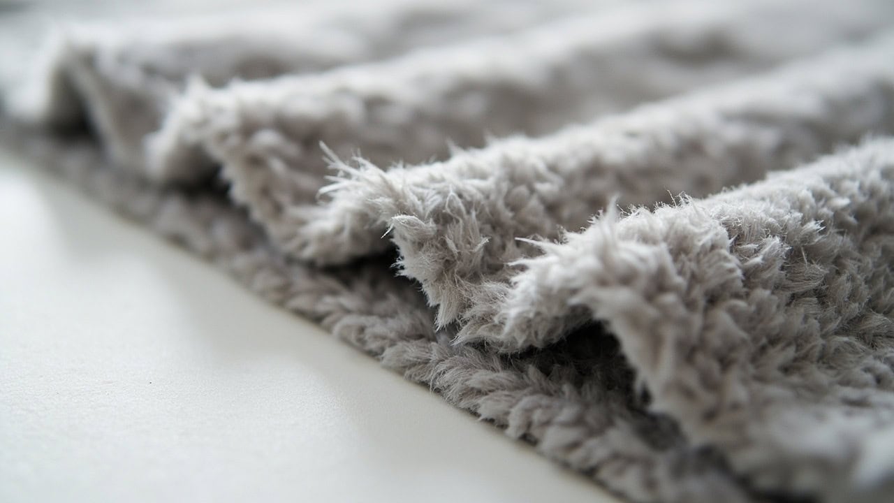 Macro close-up of grey fleece fabric showing the characteristic fuzzy nap texture and dual-sided surface structure