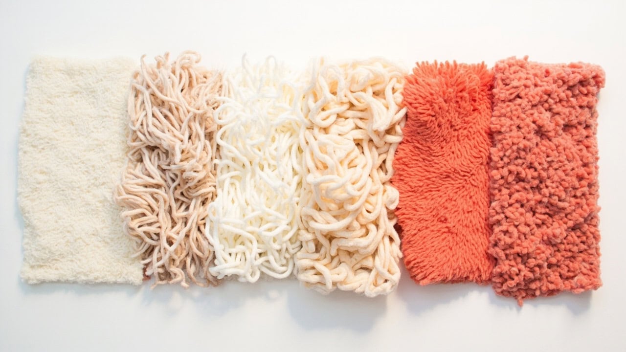 Comparison of 5 fleece fabric types showing different textures: polar, sherpa, french terry, coral, and anti-pill fleece