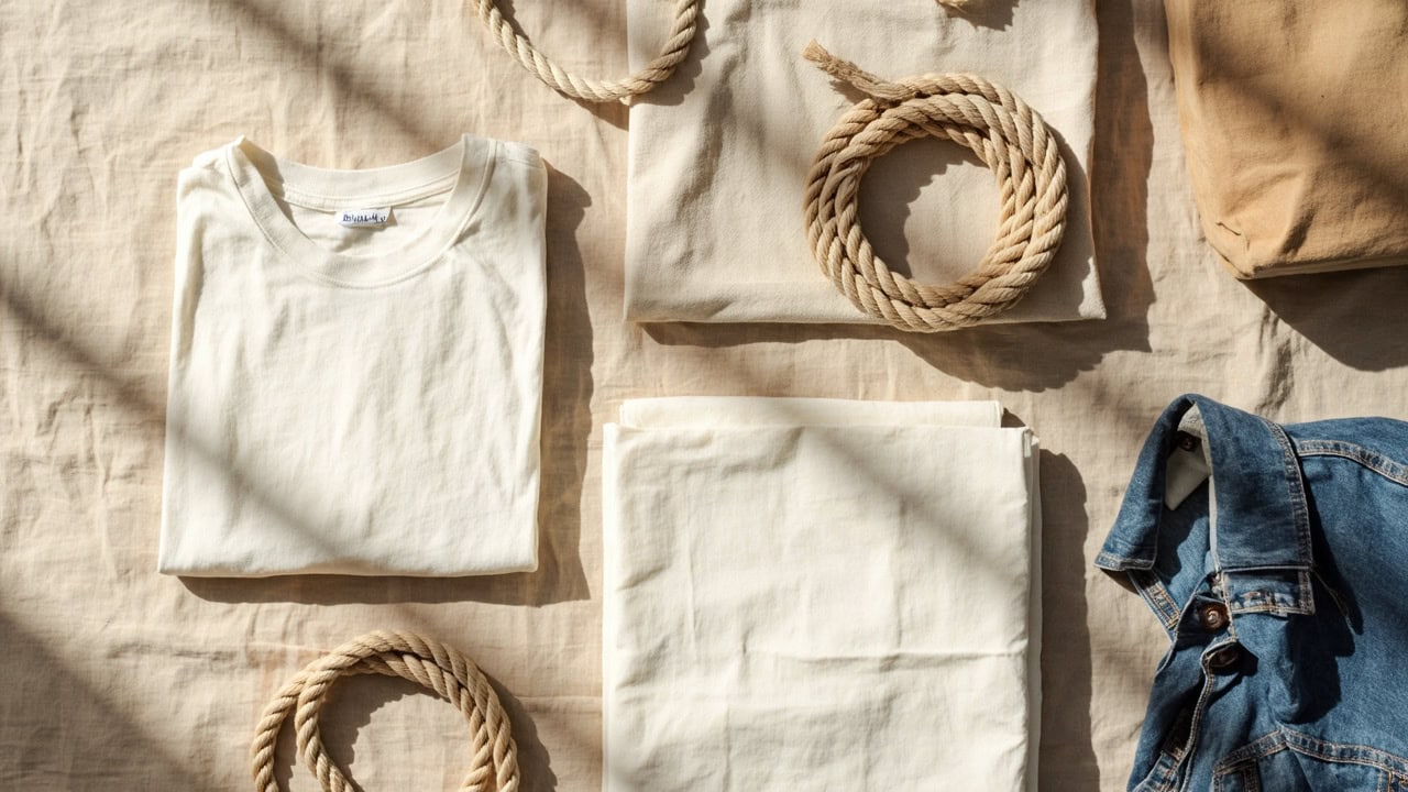 Flat lay of hemp fabric products including t-shirt, canvas tote bag, rope, denim jacket, and bed sheets showing versatility