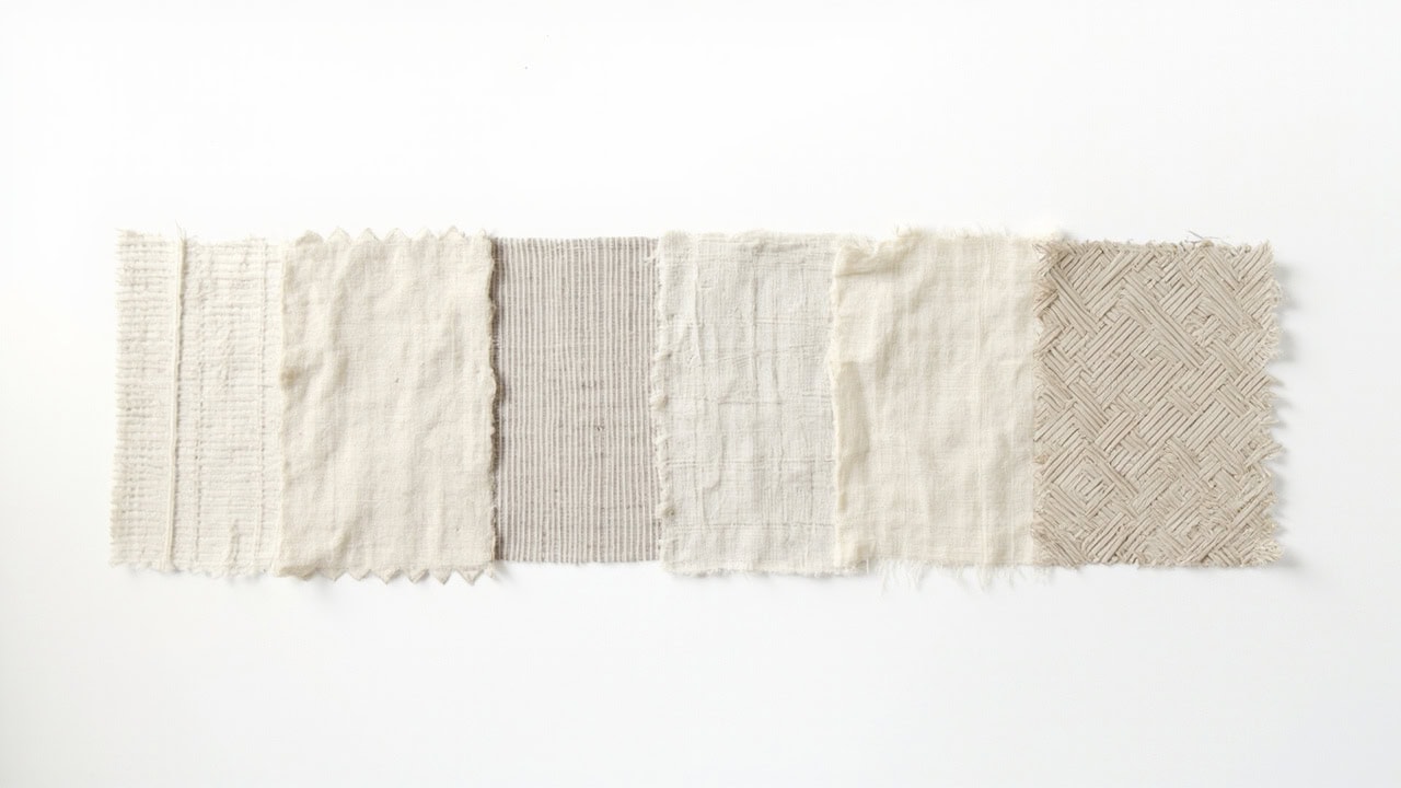 Educational diagram showing five different linen weave types with magnified thread structures and resulting fabric textures