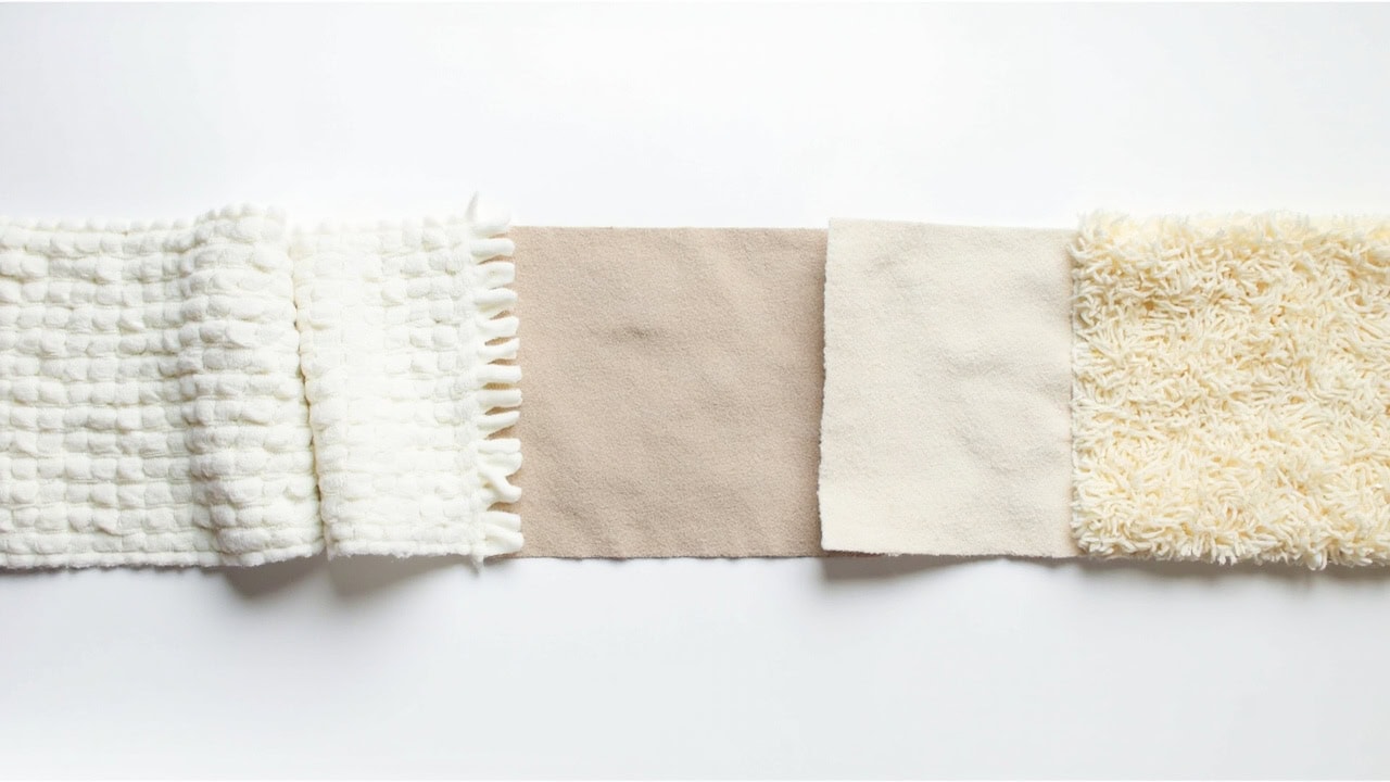 Four types of microfiber fabric showing cleaning cloth split fibers, smooth apparel weave, suede-like texture, and chenille construction