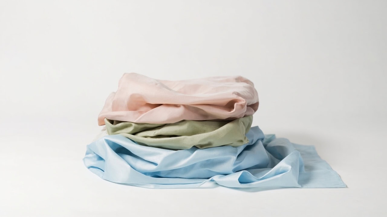 Folded modal fabric in pastel colors showing the fabric's soft drape and smooth texture on white background