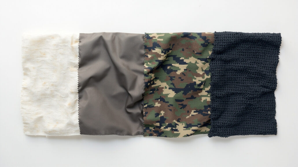 Four nylon fabric types shown in comparison: ripstop grid weave, smooth taffeta, textured Cordura, and stretch jersey knit