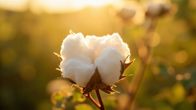 Organic cotton boll with fluffy white fibers visible in a sunlit field representing pesticide-free cotton farming