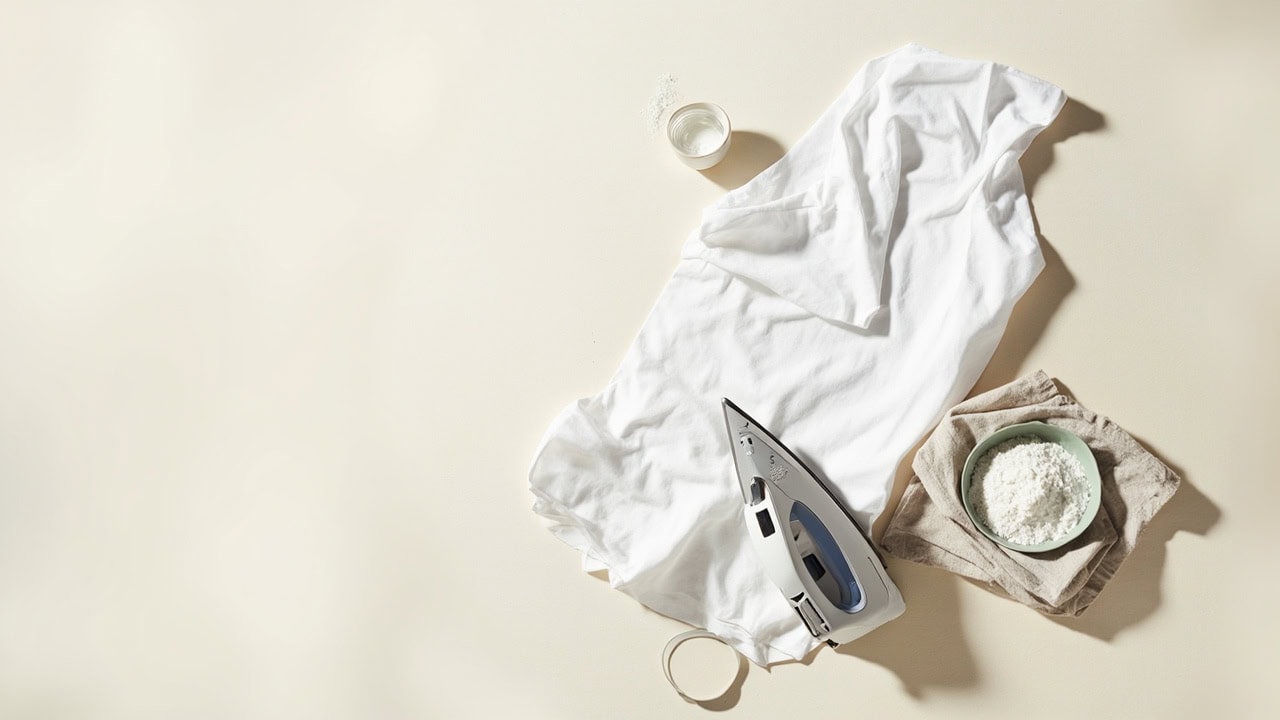 Care guide flat lay showing polyester fabric care essentials including washing, ironing, and drying instructions
