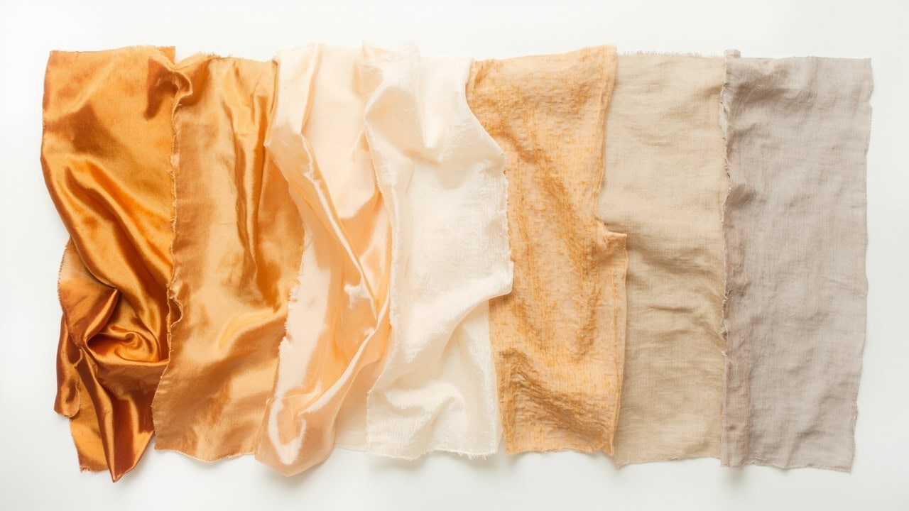 Six silk fabric types comparison showing charmeuse, tussah, organza, crepe de Chine, dupioni, and habotai swatches