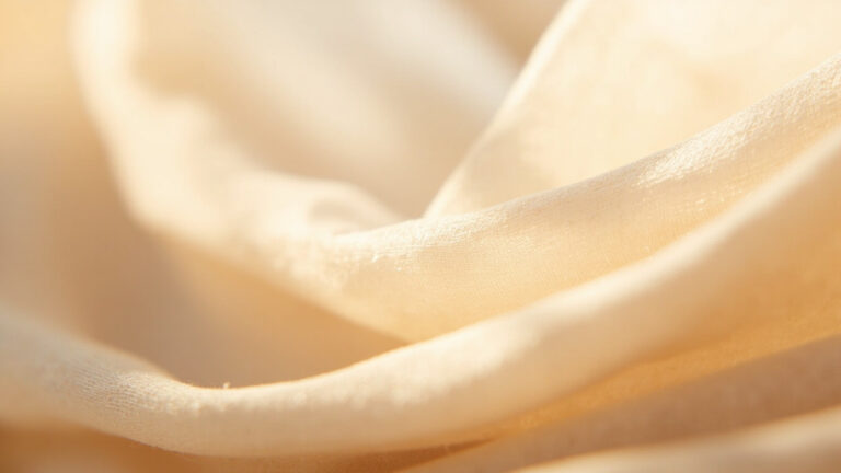 Macro close-up of tencel lyocell fabric showing smooth continuous filament fiber structure in natural beige tones