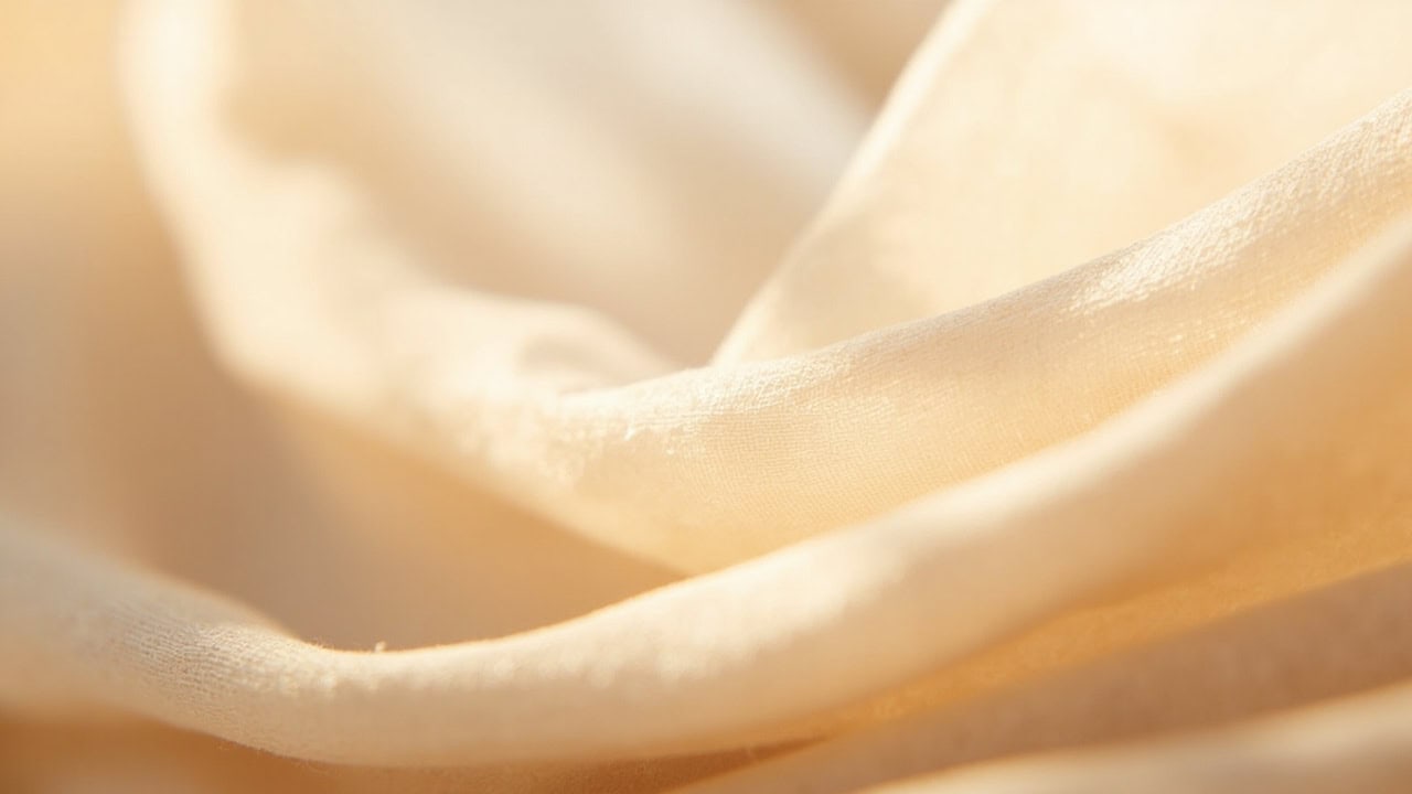 Macro close-up of tencel lyocell fabric showing smooth continuous filament fiber structure in natural beige tones