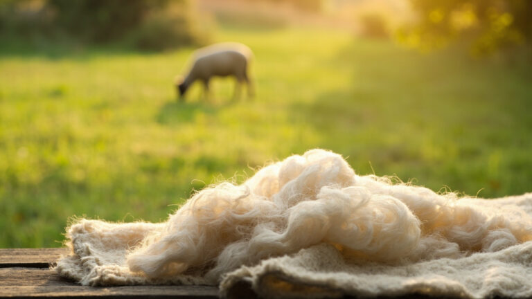 Raw wool fibers alongside finished wool fabric swatch showing natural texture and cream color variations