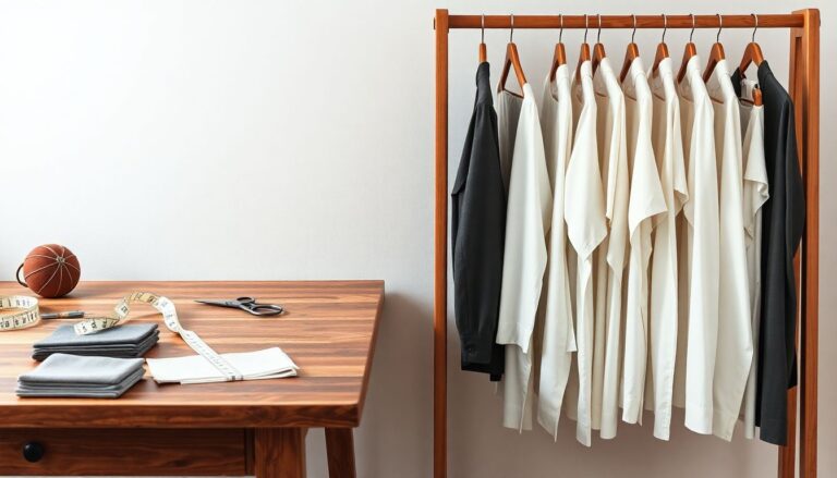 Tailor's workspace with measuring tools beside a rack of affordable new clothing showing cost comparison