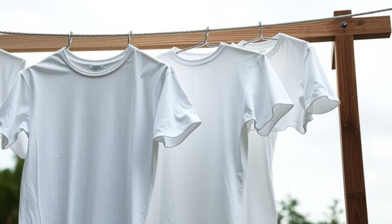 Damp white t-shirts hanging on outdoor clothesline showing moisture retention during air drying
