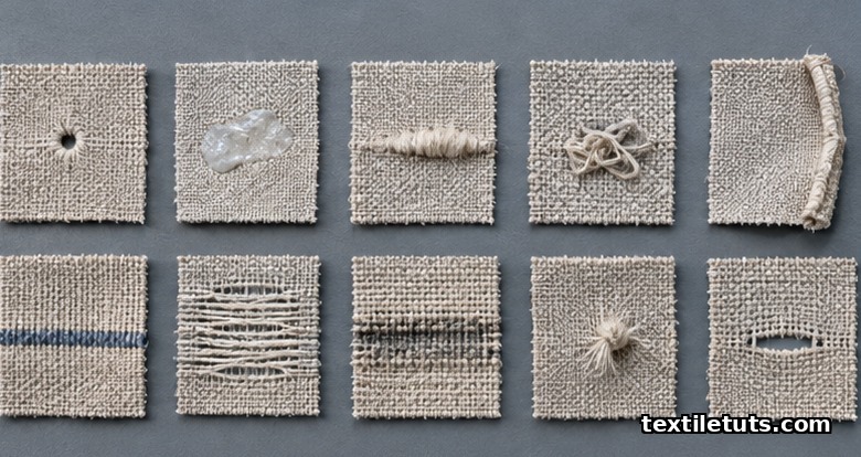 Flat-lay of ten fabric swatches illustrating the ten defect classes: hole, coated yarn, slub, snarl, bad selvedge, wrong yarn, floats, barriness, knot, and dropped pick.