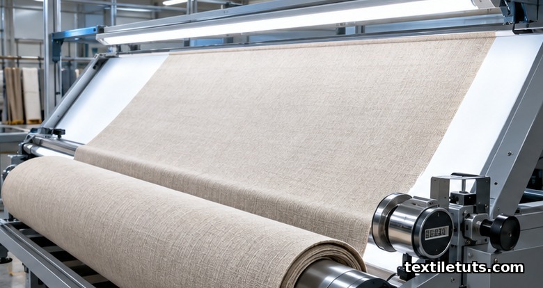 Wide view of a slanted illuminated fabric inspection machine with woven fabric feeding across the lit panel at a textile mill.