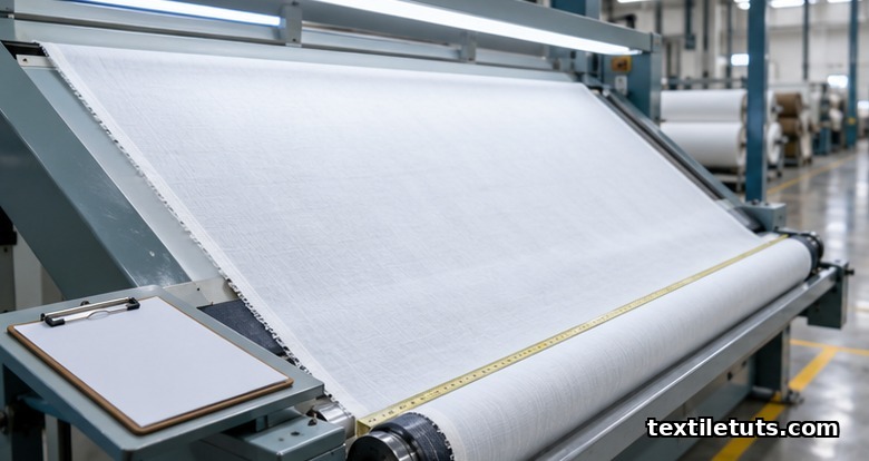 Wide view of fabric being unrolled on a horizontal inspection frame under cool diffused light