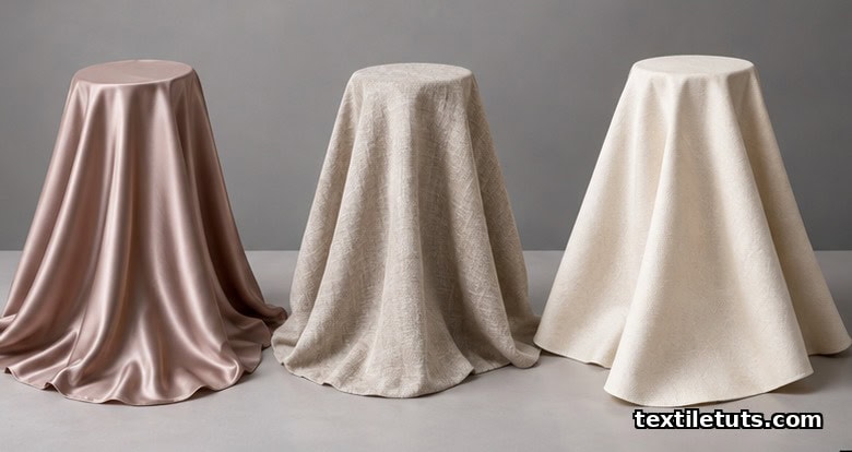 Three fabric samples draped over circular pedestals demonstrating silk, linen, and canvas drape behavior.