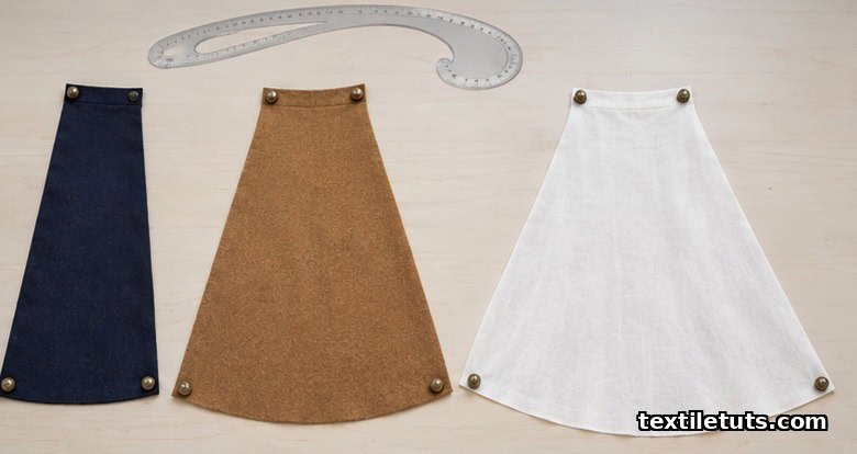 Three A-line skirt panels compared showing subtle, classic, and full flare ratios in different fabrics.