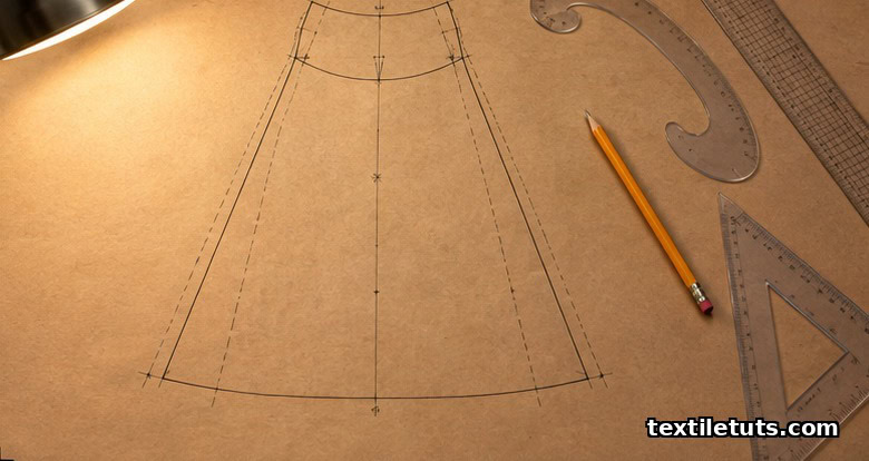 Pattern maker's drafting table with a partially drafted A-line skirt block on brown pattern paper.