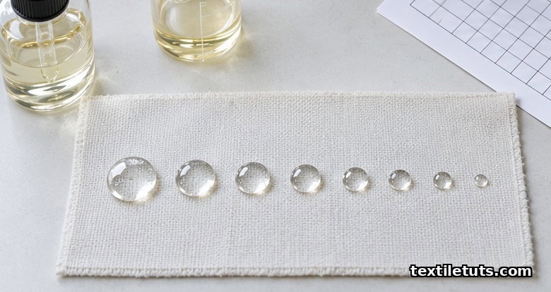 Overhead view of an AATCC 118 oil repellency test with a graded series of oil droplets beading on white test fabric in a laboratory setting.