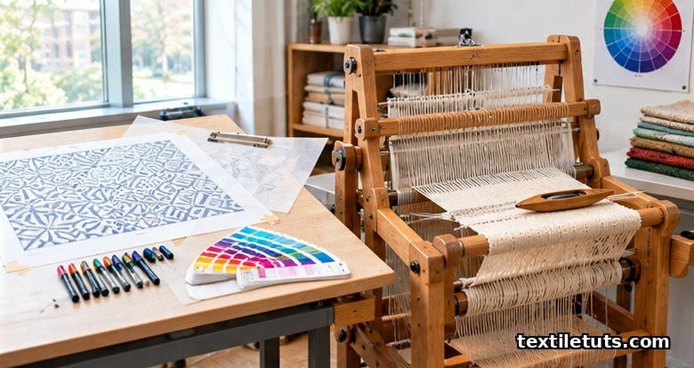 Fashion-college studio with a table loom, a printed repeat pattern on a drafting table, and a color-theory wheel.
