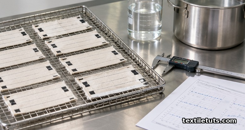 Marked cotton test swatches on a drying rack beside a digital caliper and dimensional-change report sheet.