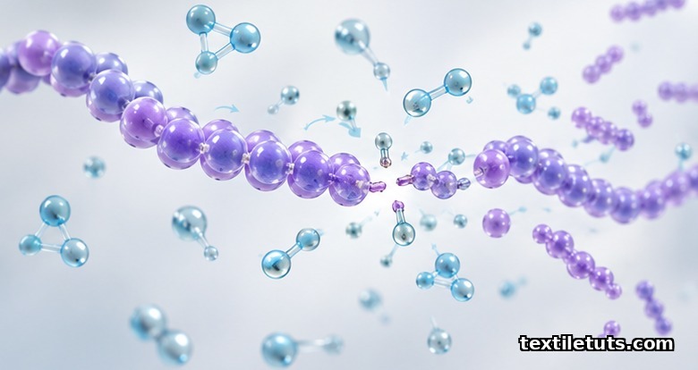 Molecular illustration of an absorbable suture polymer chain being broken down by hydrolysis into smaller fragments.