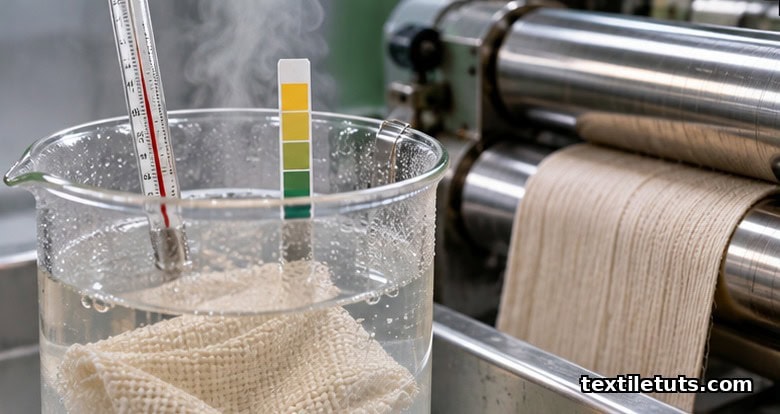 Cotton fabric submerged in a clear dilute acid steeping bath at 50 °C with rising steam in a laboratory setup.