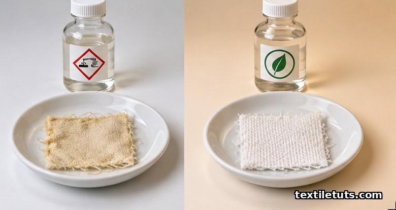 Side-by-side comparison of acid-treated and enzyme-treated cotton swatches on a white backdrop with reagent bottles.