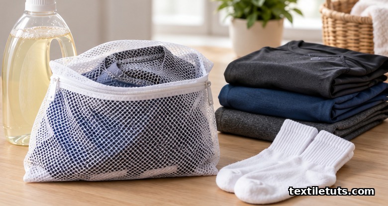 Laundry care still-life with detergent bottle, mesh laundry bag holding an inside-out shirt, and folded sportswear.
