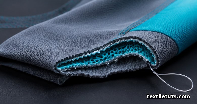 Cutaway view of an engineered activewear garment showing layered polyester knit with an elastane filament beside it on a dark studio surface.