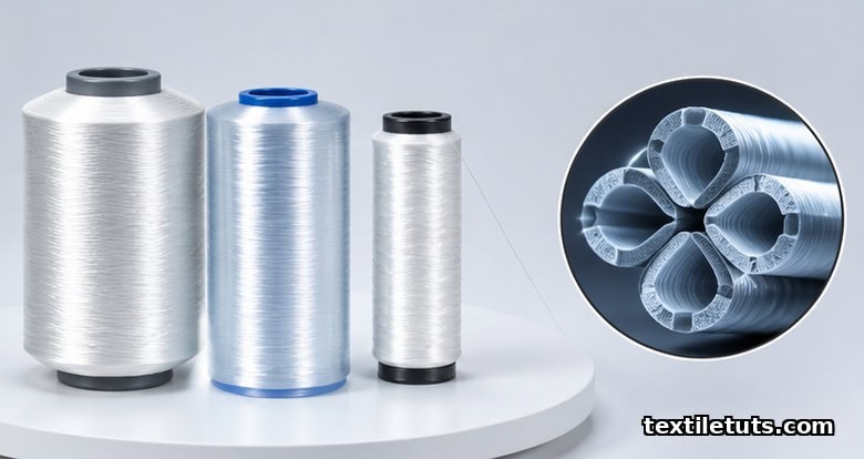 Studio still-life of polyester, nylon, and elastane yarn spools beside a microscopic view of grooved four-channel polyester filaments.
