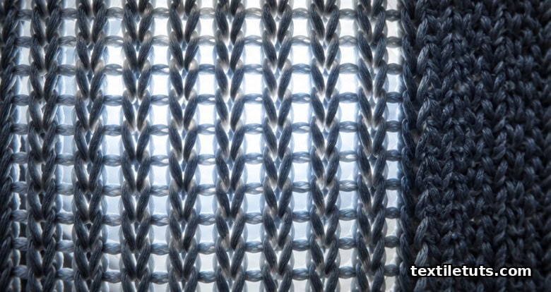 Backlit macro photograph of a circular-knit jersey fabric revealing repeating wales and courses of knit loops in fine detail.