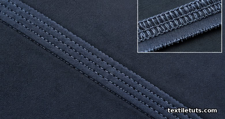 Top-down macro view of a flatlock seam on dark activewear fabric with flat parallel stitching running diagonally across the panel.