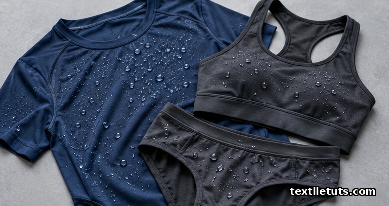Flat-lay of synthetic training top, sports bra, and underwear with faint water droplets on a neutral studio surface.
