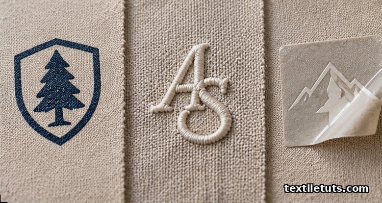Three fabric swatches showing screen-printed, embroidered, and heat-transfer logo techniques.