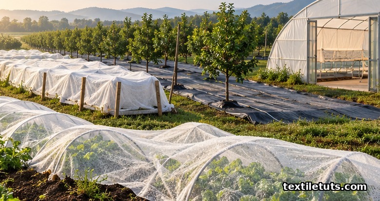 Floating row covers over crops, frost blankets on stakes, dark mulch mats under orchard rows in a farm field.