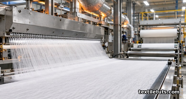 Spunbond production line extruding fine polypropylene filaments onto a moving conveyor belt.