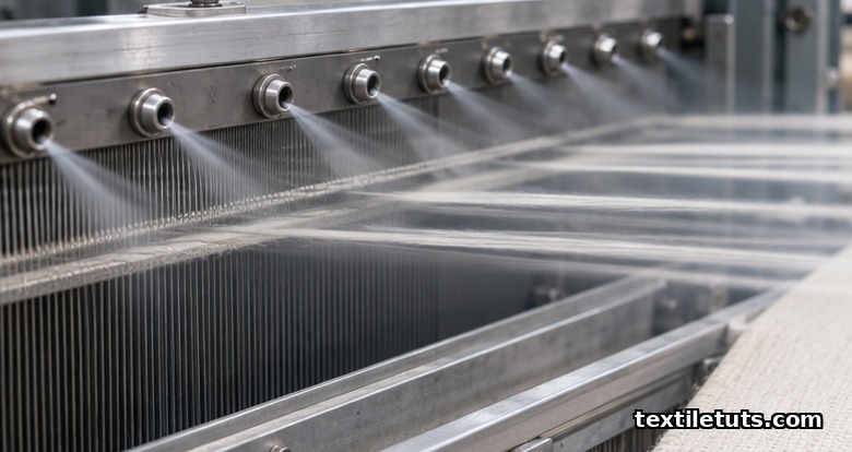 Compressed-air nozzles along a profiled reed propelling cotton weft yarn across the open shed at high speed.
