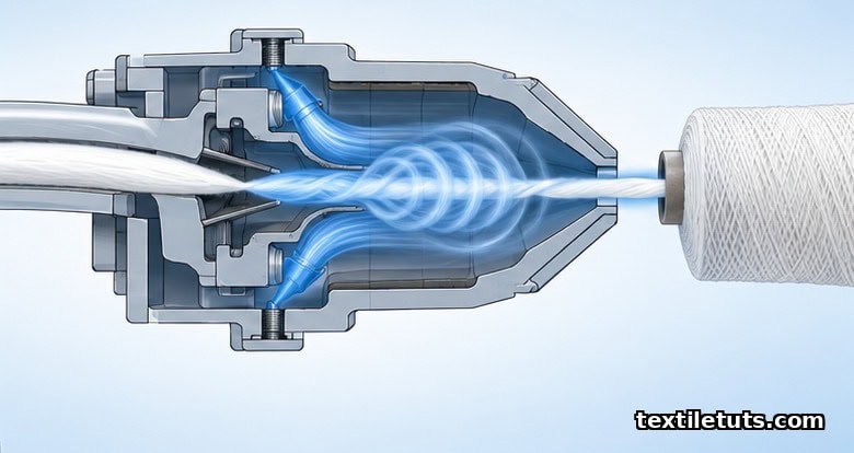 Cutaway diagram of an air-jet spinning nozzle showing two air jets creating a swirling vortex around a drafted fiber ribbon.