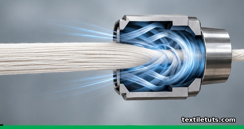 Cross-section illustration of an air-jet spinning nozzle with parallel cotton fibers entering a swirling air vortex