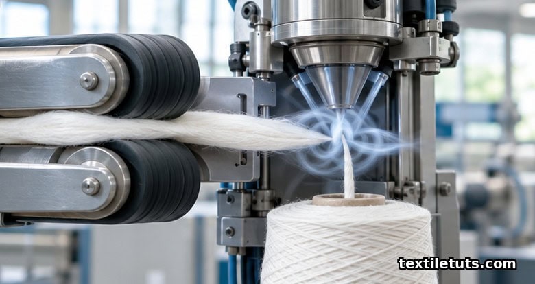 Close-up of an air-jet spinning nozzle with white cotton sliver feeding into a compressed-air vortex producing a packaged yarn cheese.