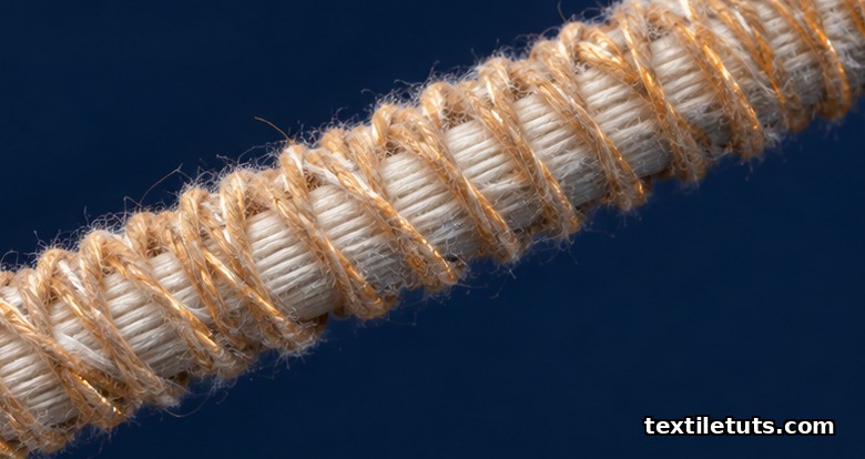Microscopic view of air-jet spun yarn showing a parallel fiber core wrapped by helical wrapper fibers